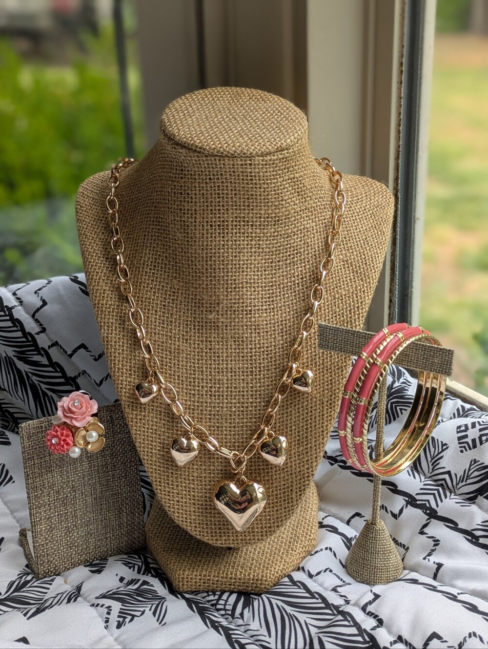 Romantic Gold & Coral Jewelry Bundle - Heart Necklace, Bangles & Flower Ring